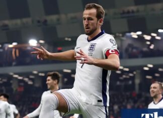 England win every group game without conceding after Kane’s double sinks Albania